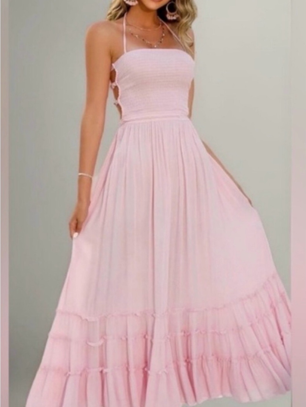 R.Vivimos Raspberry Tiered Backless Halter Maxi Dress (see additional photos)